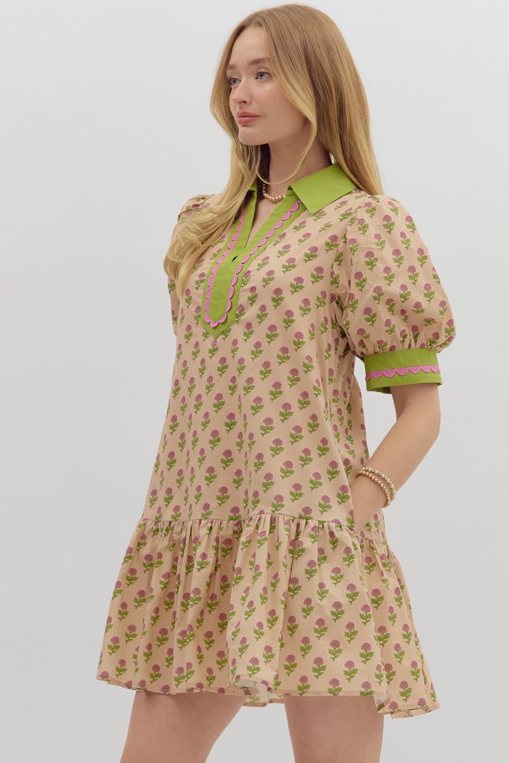 D27511 Floral Print Bubble Sleeve Dress