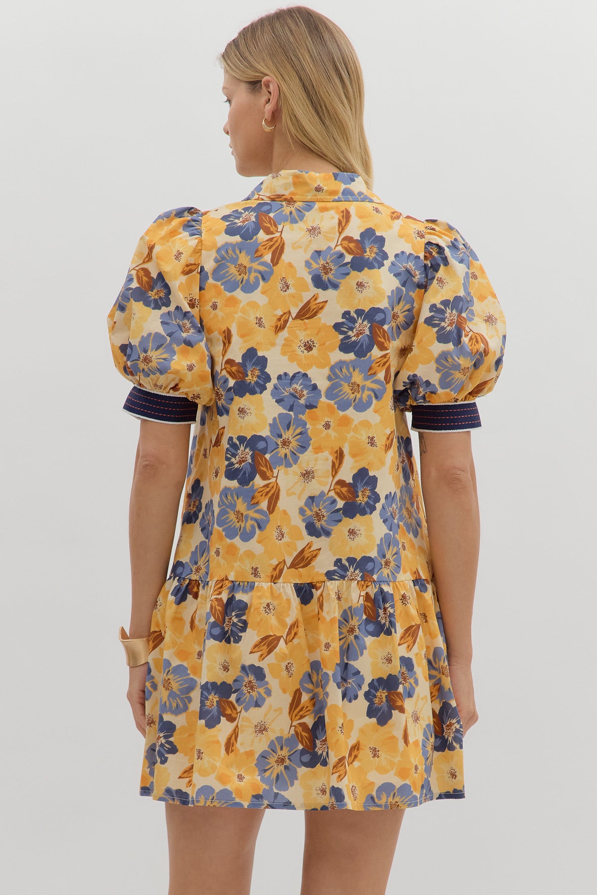 D27992 Floral Print Bubble Sleeve Mini Dress