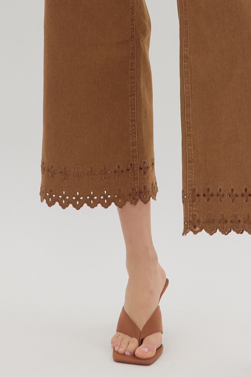 P26396 Floral Embroidered Border Hem Pants