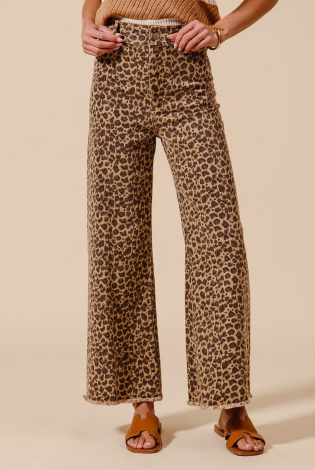 JB1042-04 Leopard Frayed Hem Wide Leg Jeans