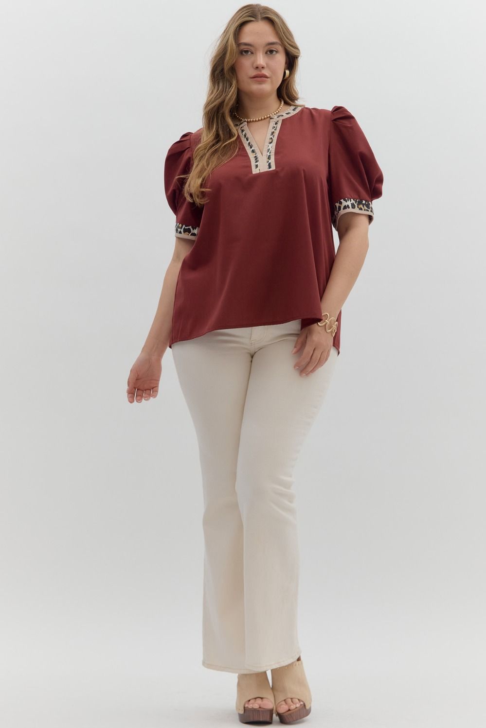 T26719P Curvy Solid and Leopard Print Top