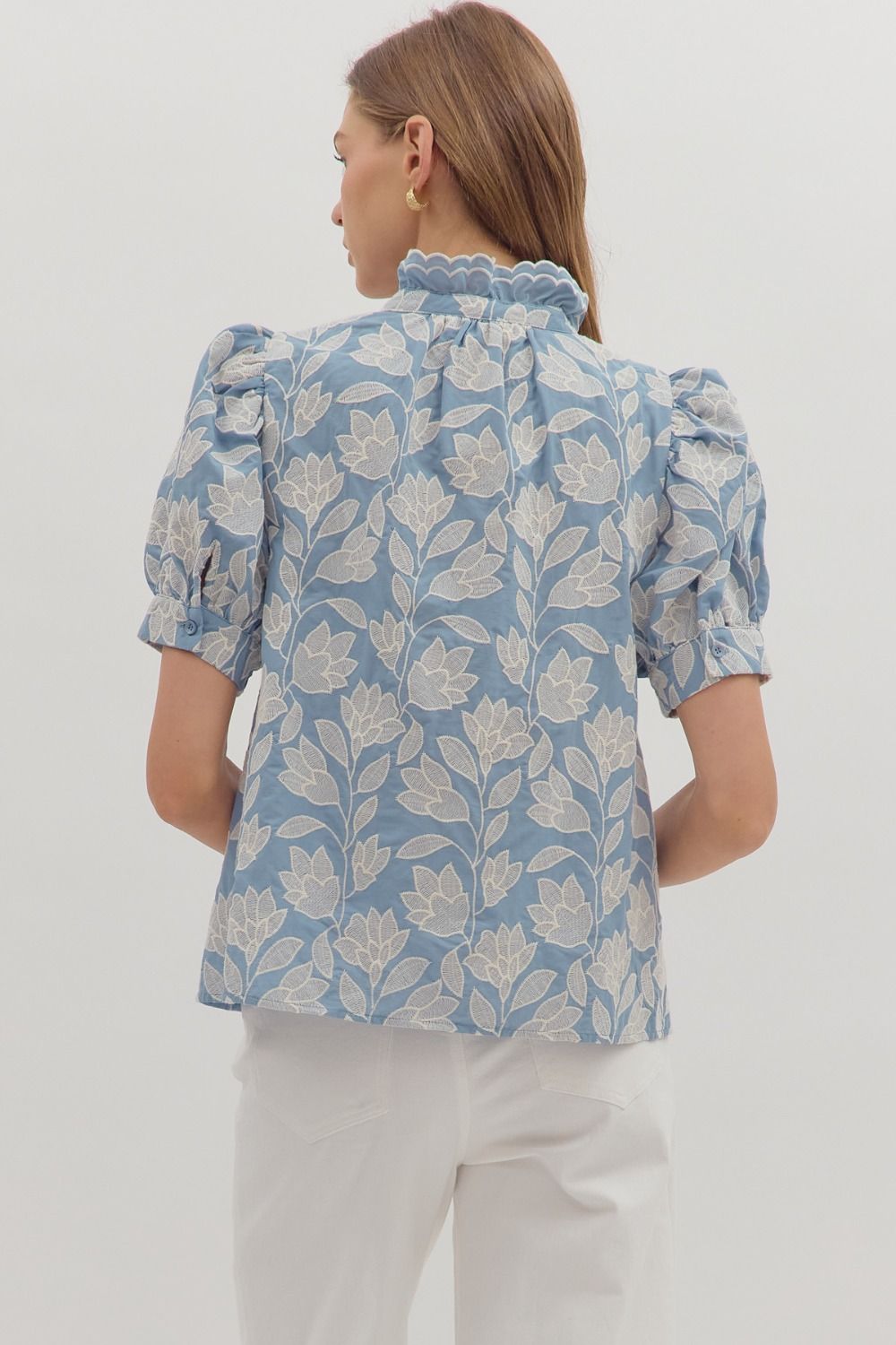 T28158 Botanical Embroidery Puff Sleeve Top