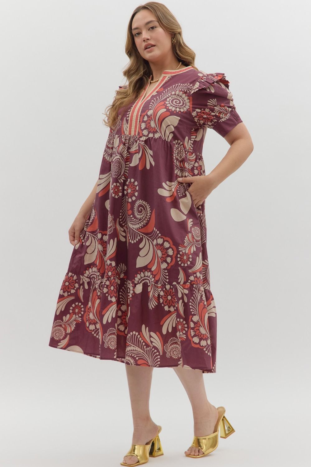 D27146P Curvy Paisley Pattern Midi Dress