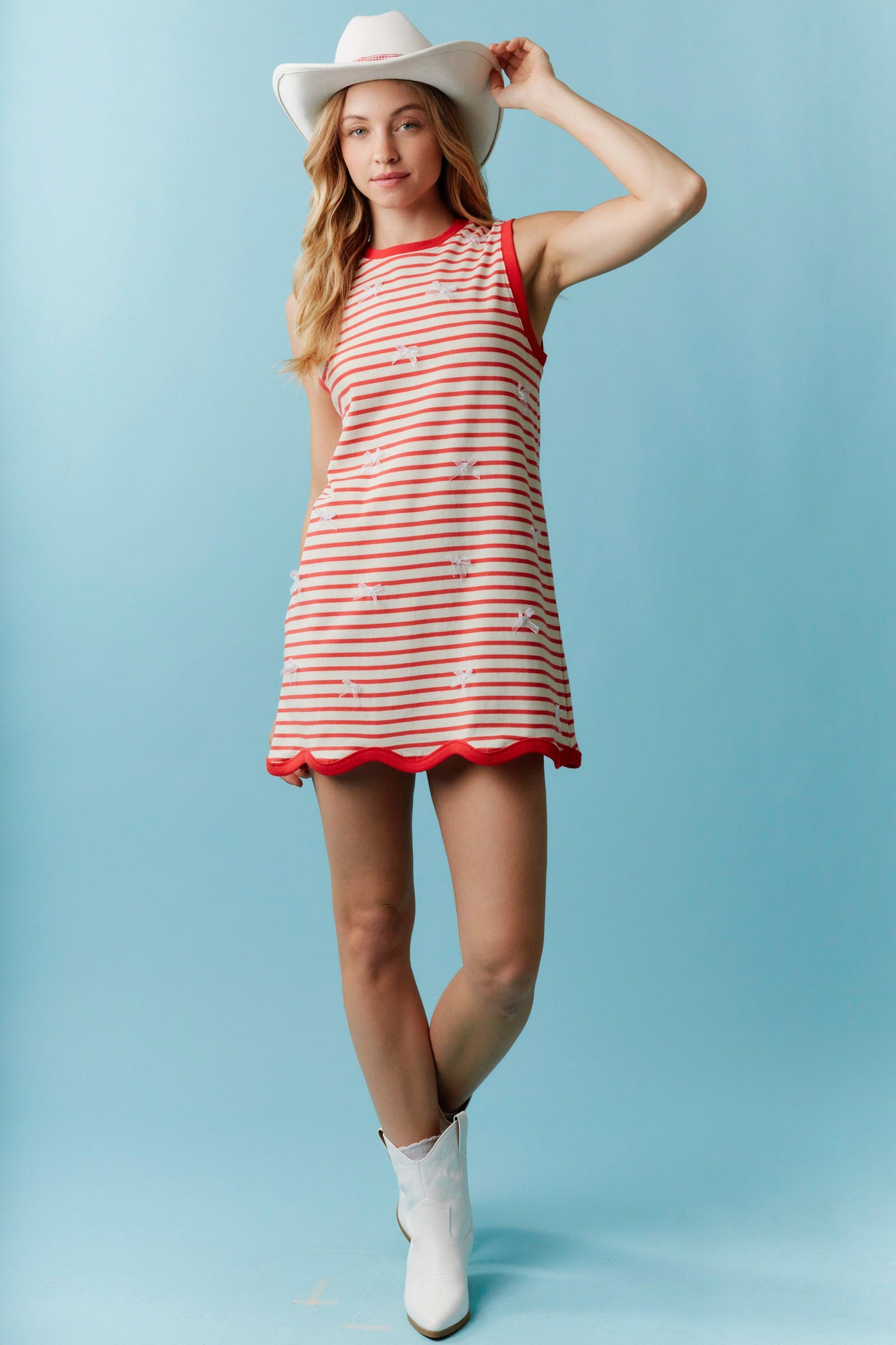 IKD39915-01 Sleeveless Bow Detail Striped Dress