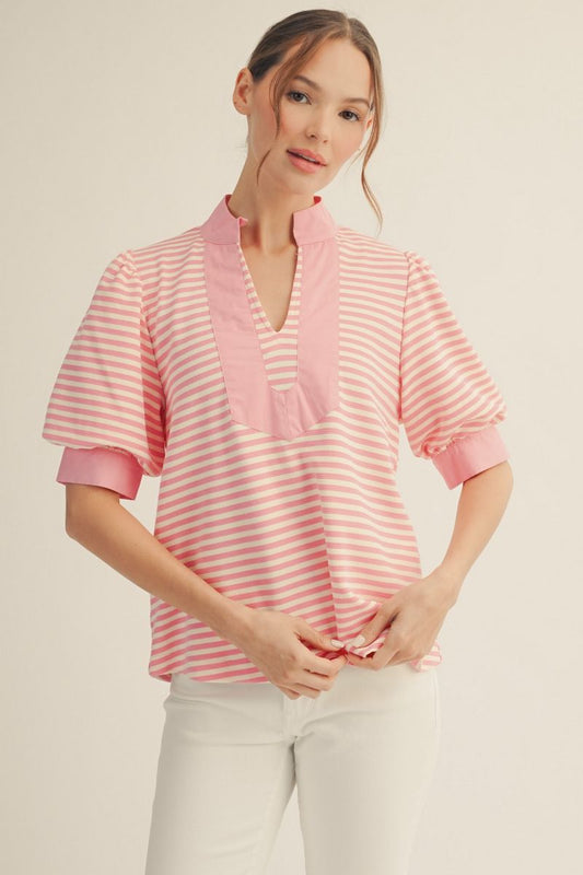 B13435-1-PLUS Curvy Stripe and Solid Contrast Top