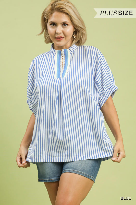 WK1773 Curvy Striped Top with Lace Trim Detail