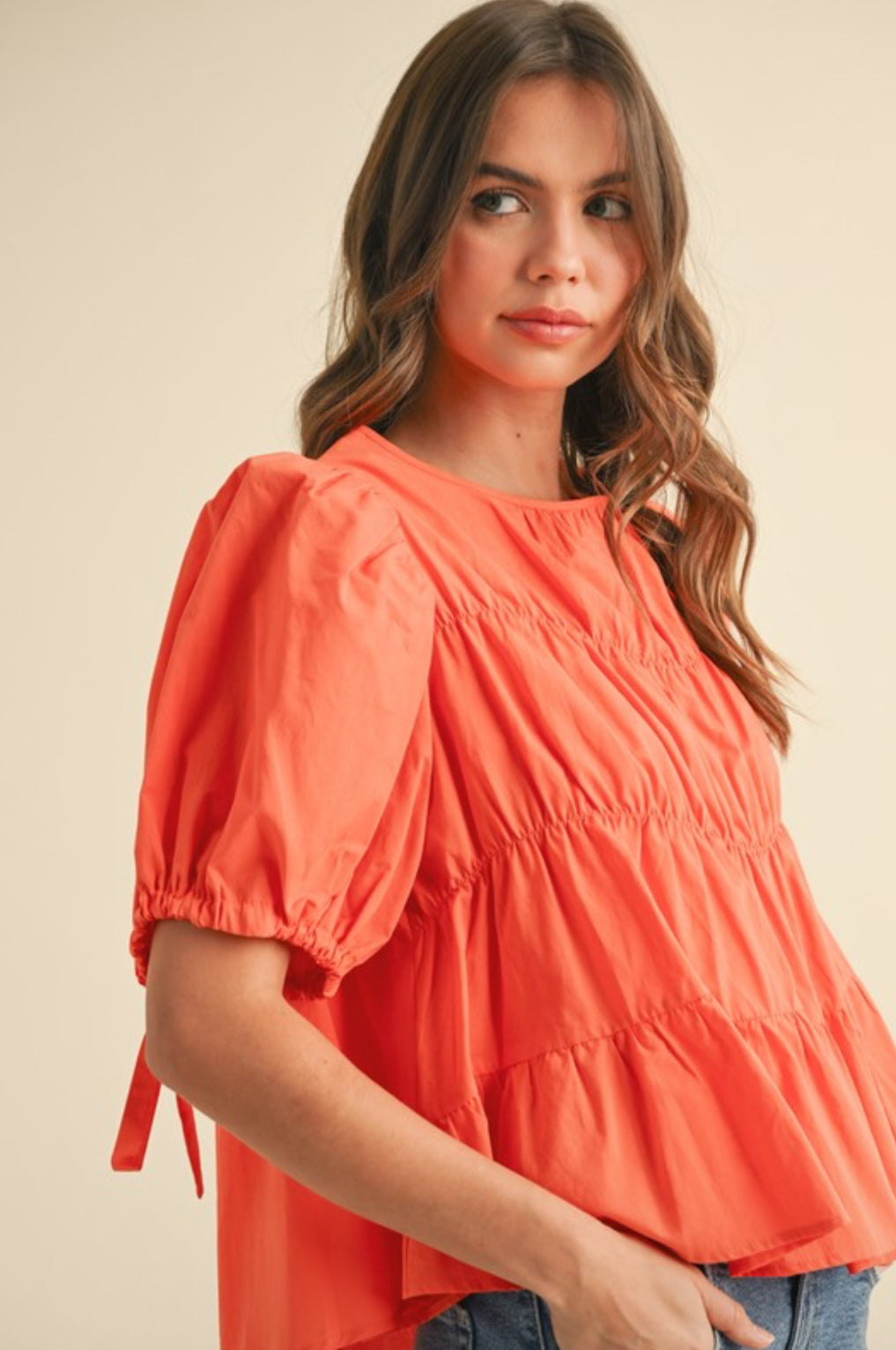 MTP3081 Tiered Shirring Puff Sleeve Top
