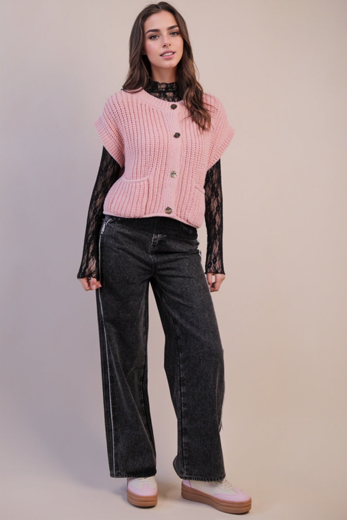 12W3382N Oversized Button Down Sweater Top