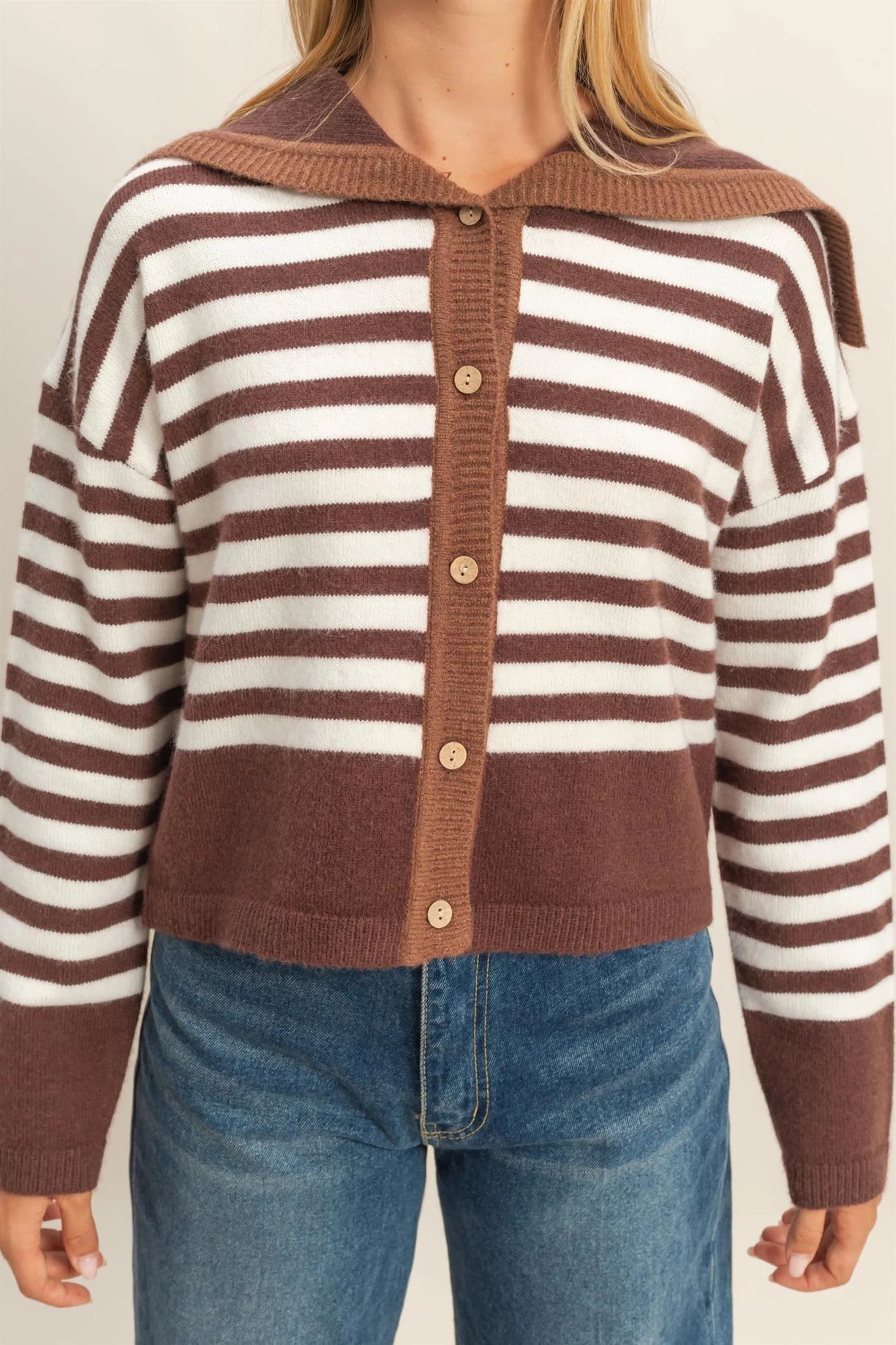 HF25E587 Striped Button-Up Sailor Collar Sweater