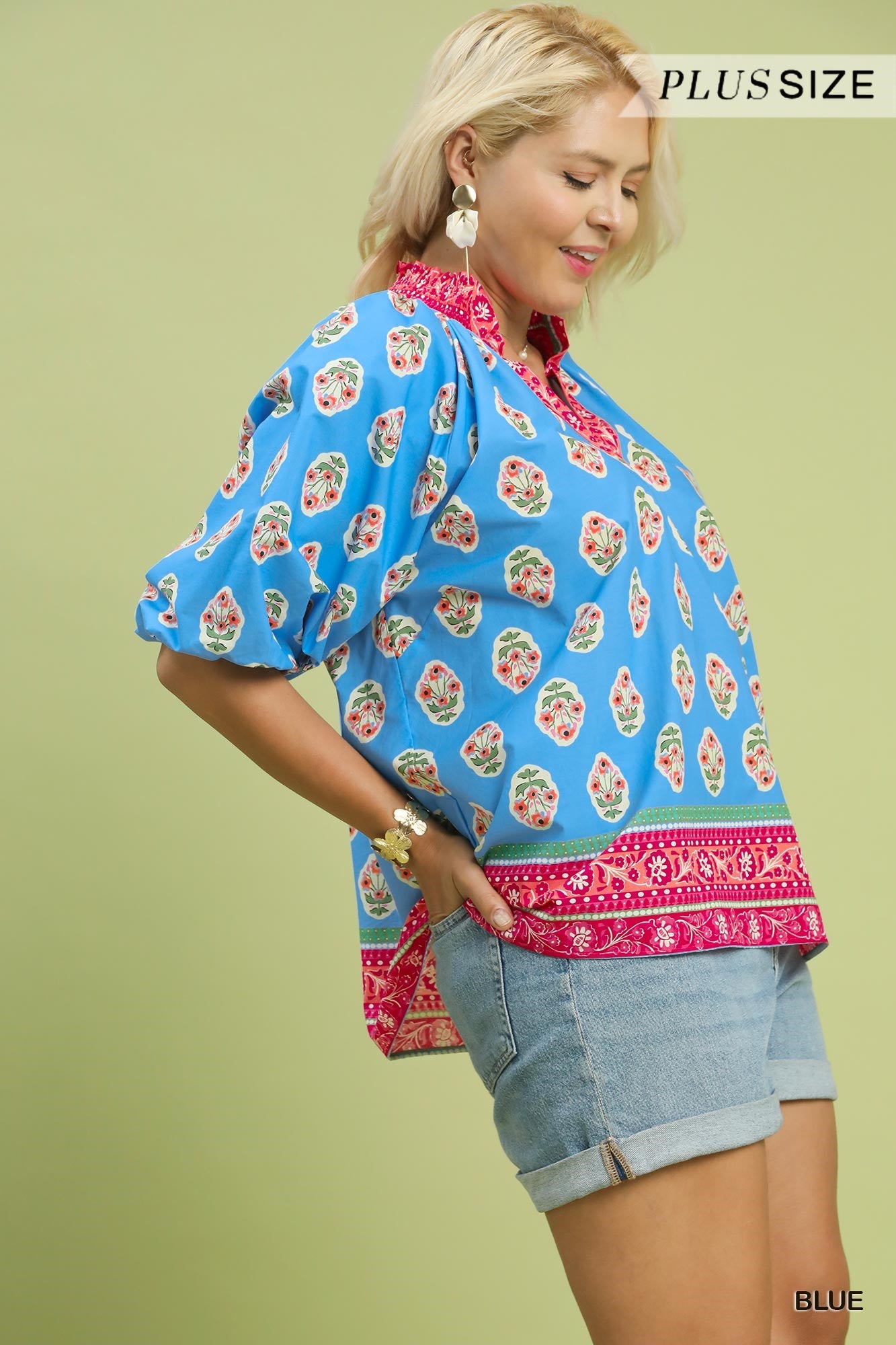 WC5922 Curvy Boho Border Print Peasant Top