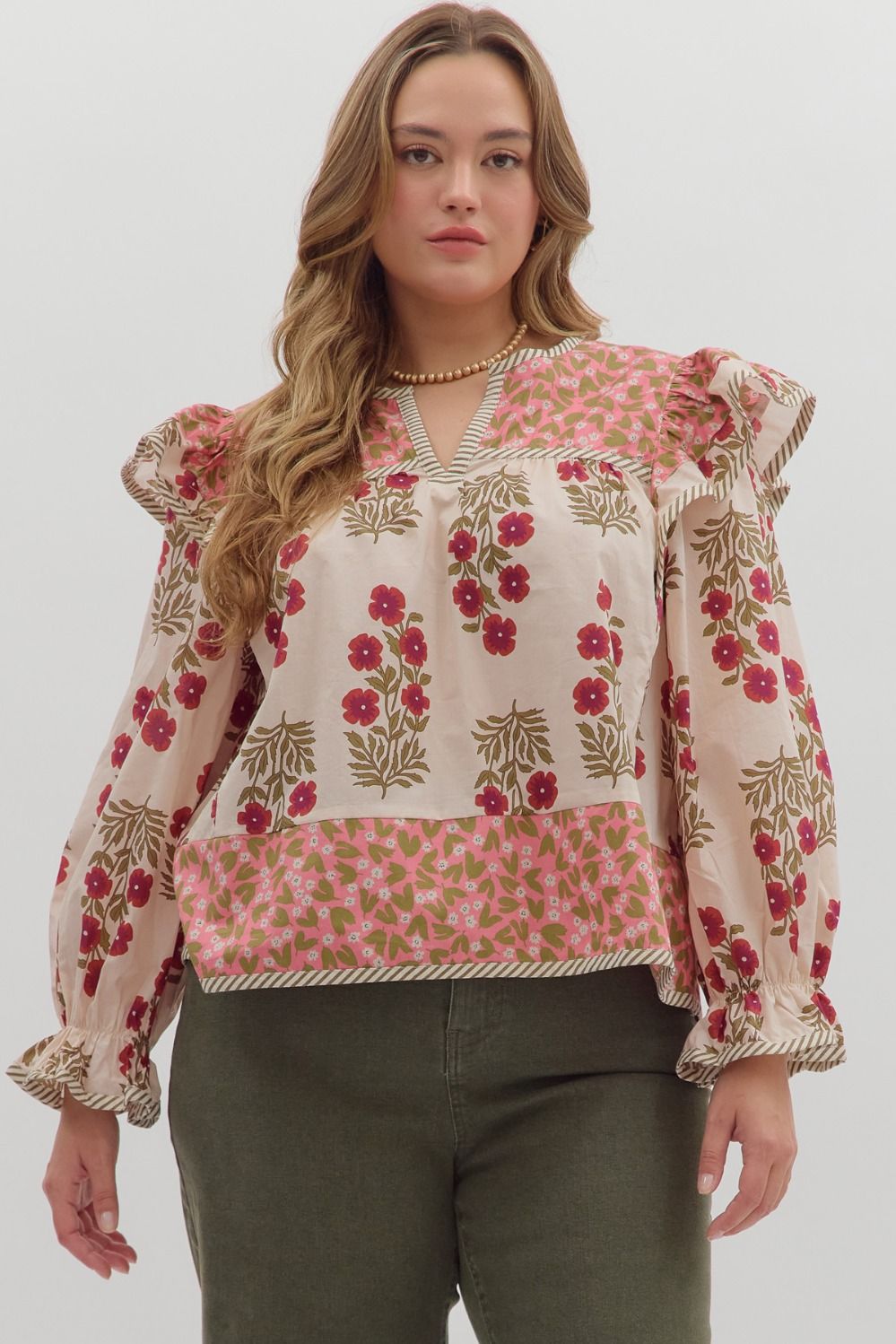 T28295P Curvy Multi-Print Long Sleeve Top