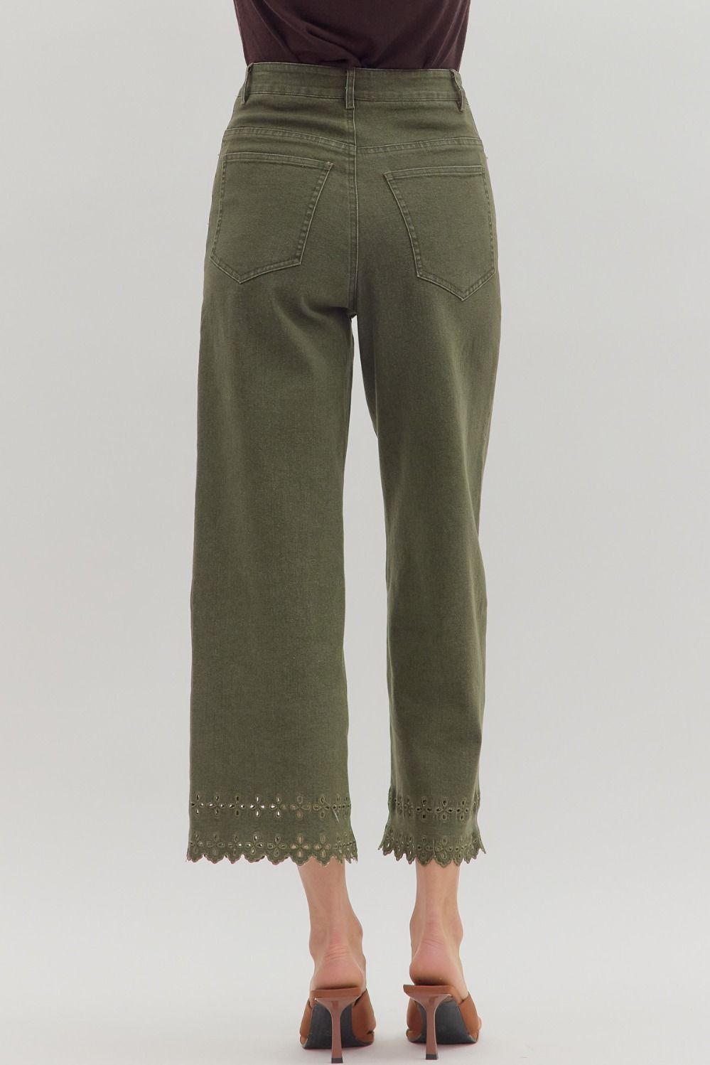 P26396 Floral Embroidered Border Hem Pants