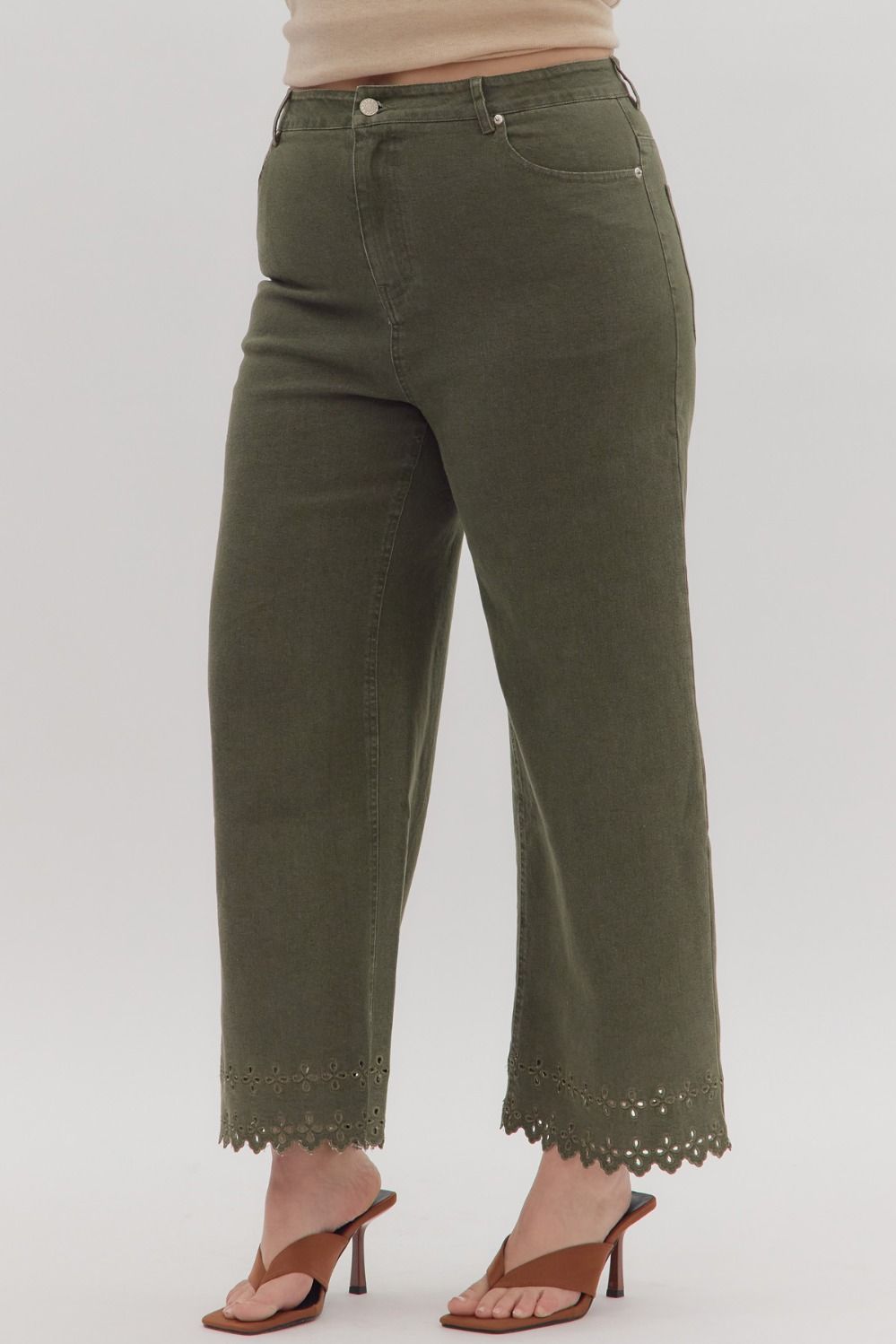 P26396P Curvy Floral Embroidered Border Hem Pants