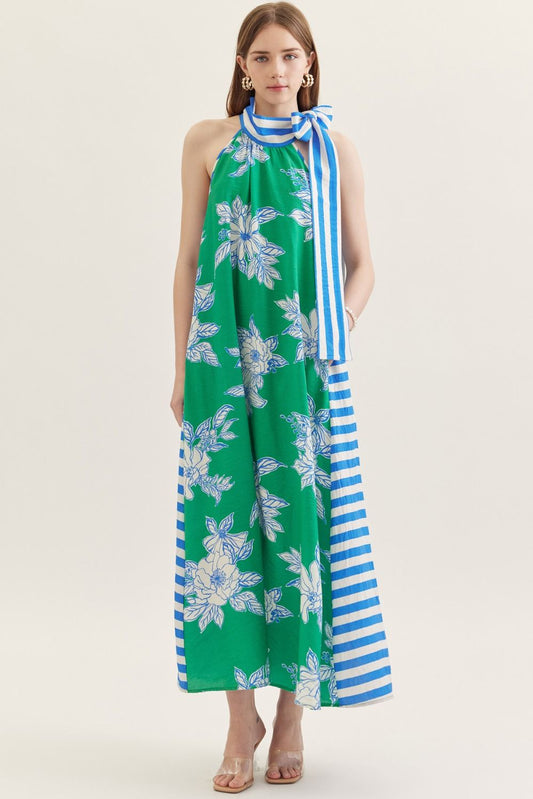 D30830 Botanical Print Striped Tie Neck Midi Dress