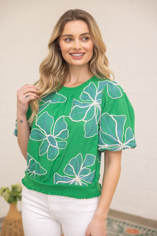 36711 Contrast Band Detailed Floral Embroidery Top