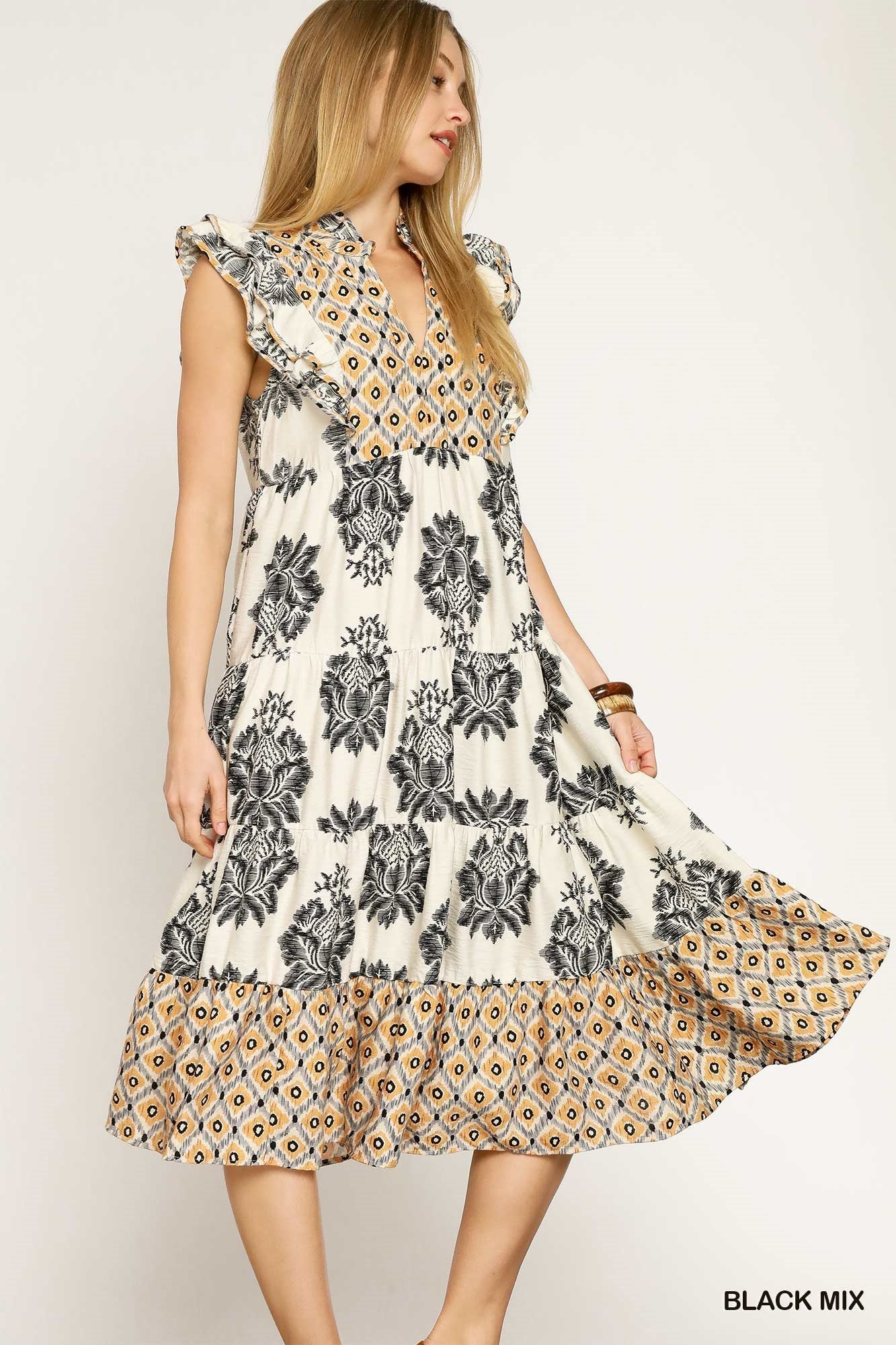 WC4395 Curvy Mixed Print Midi Dress