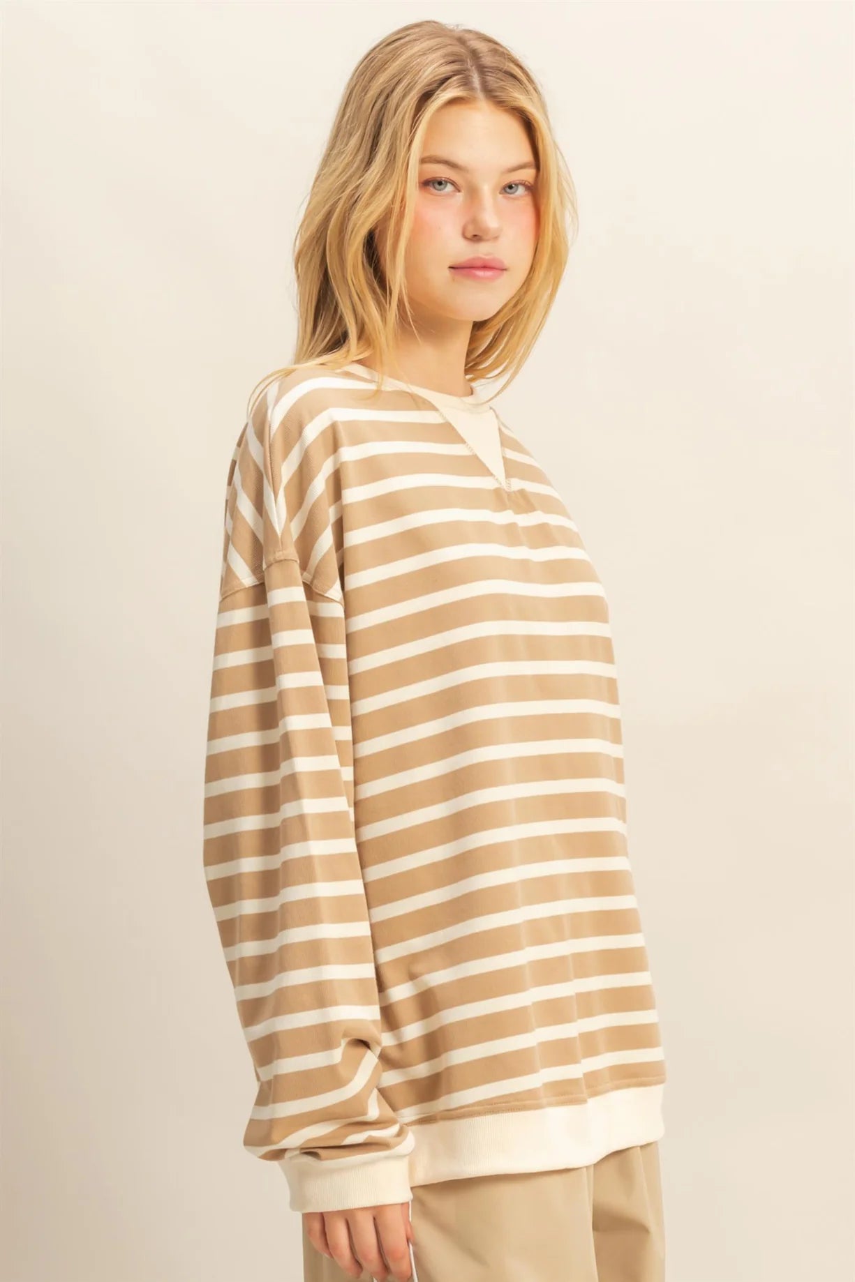 HF25F060 Striped Long Sleeve Tee with Contrast Hem