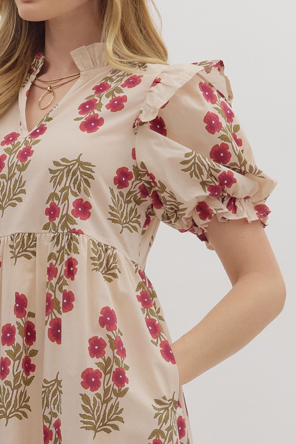D28289 Floral Print Short Sleeve Midi Dress