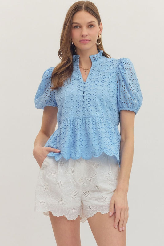 T30420P Curvy Short Sleeve Eyelet Top