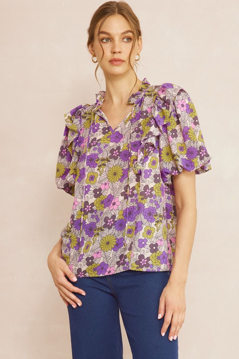 T21322 Floral Print V-Neck Top