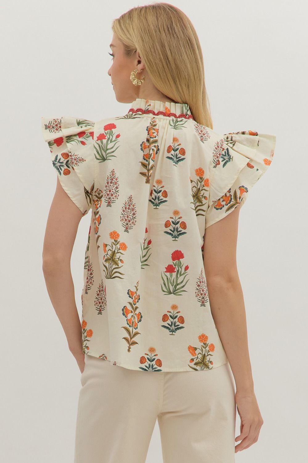 T28232 Botanical Print Flutter Sleeve Top