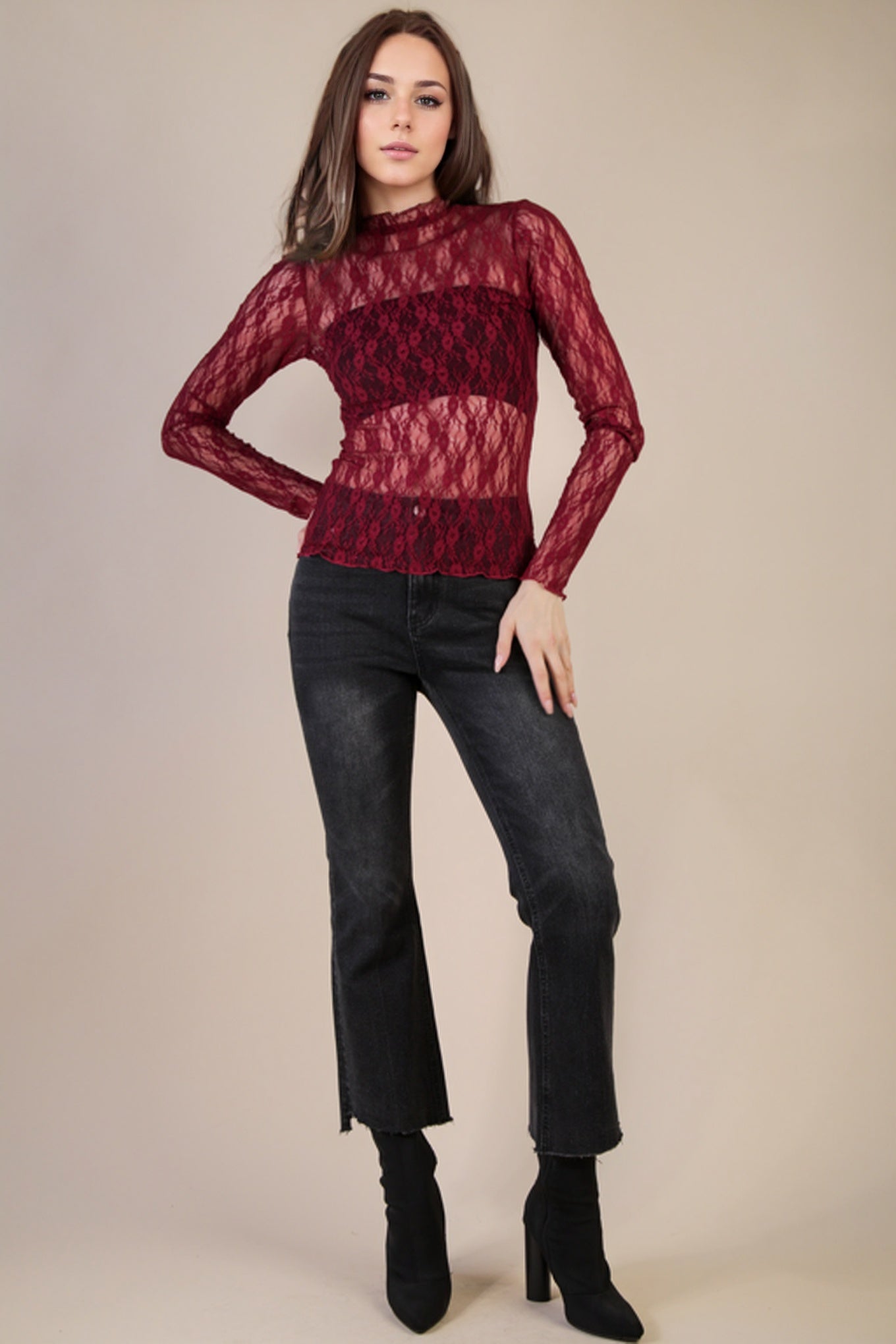 NT12220 Fitted Sheer Mesh Lace Top