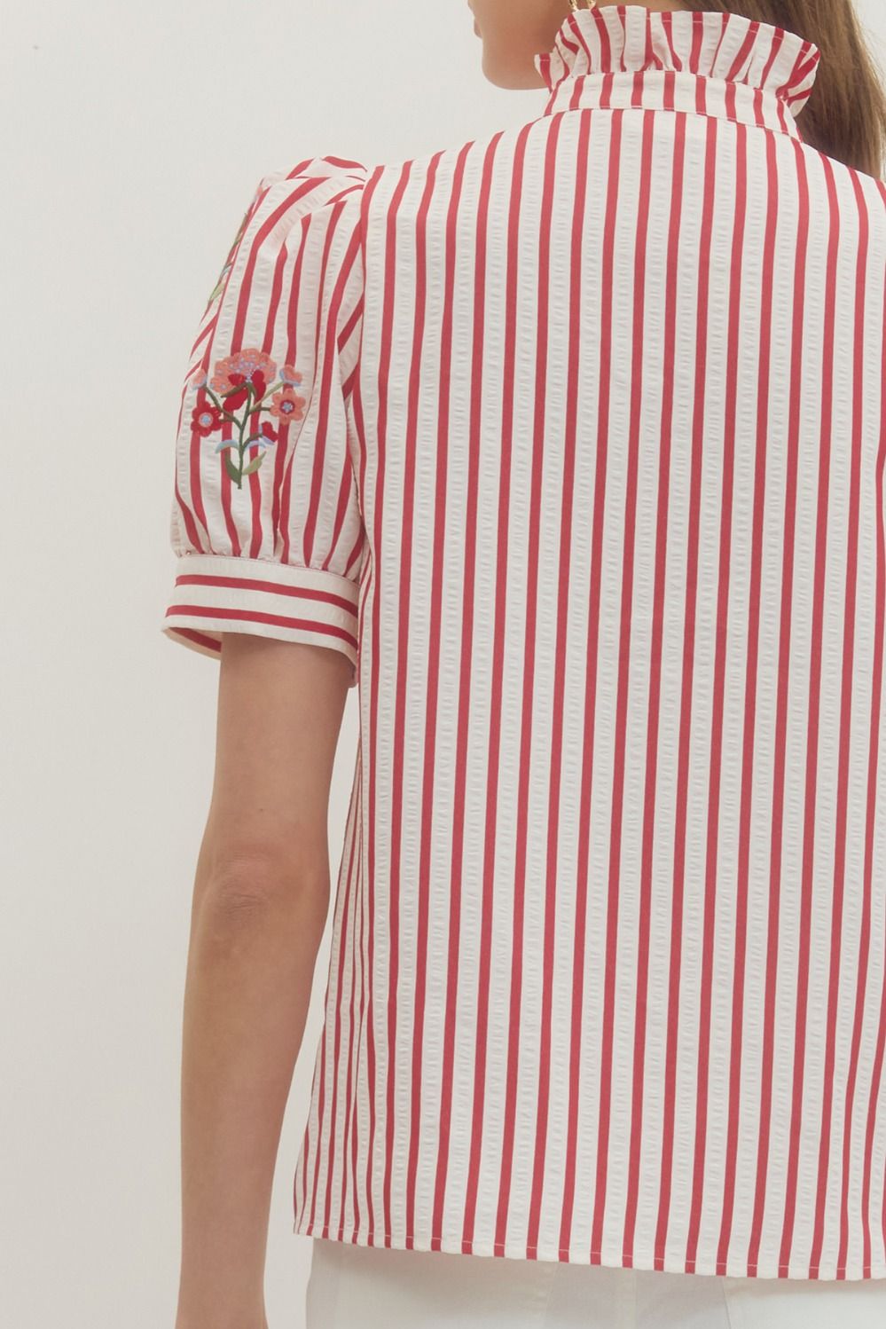 T29683 Striped Floral Embroidered Top