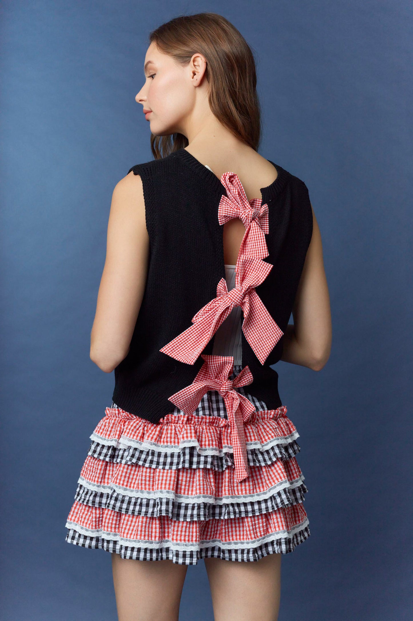 IKT300185-01 Gingham Bow Detail Sweater Vest