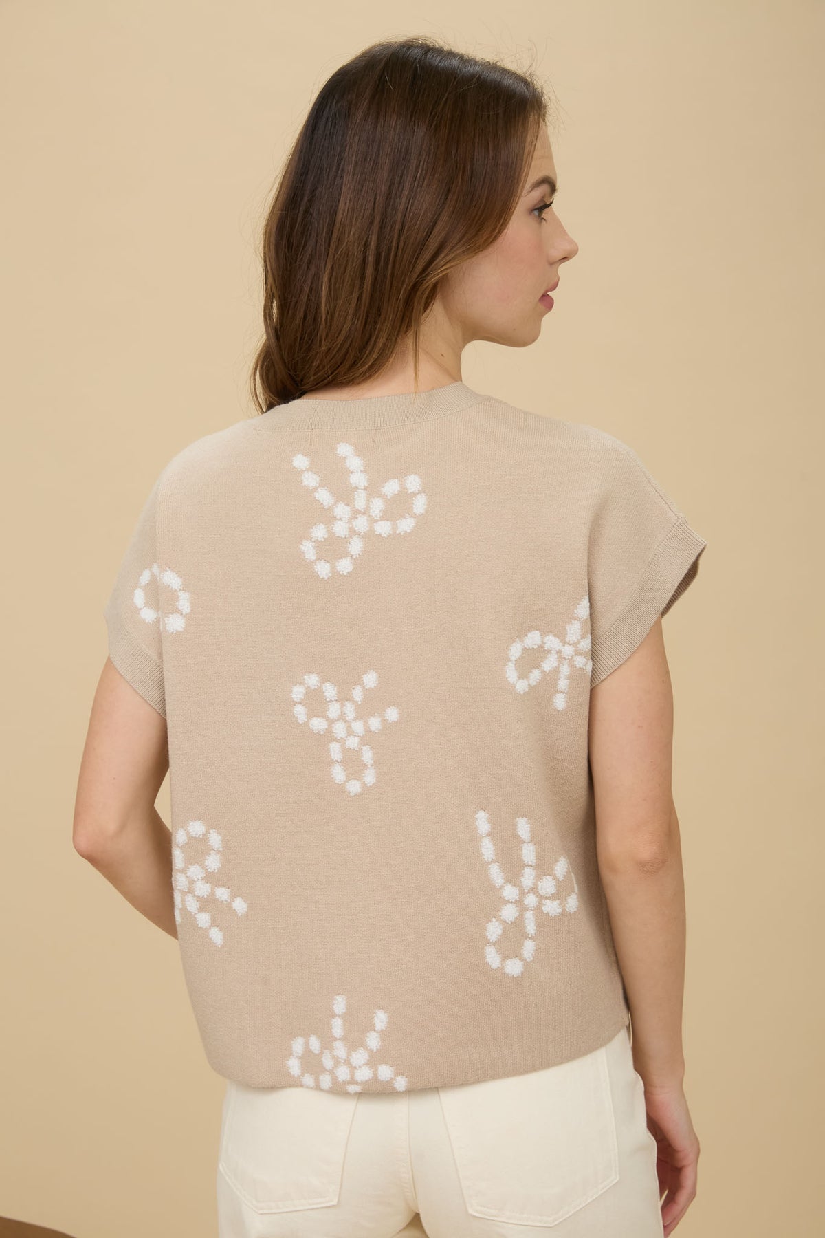 CR2712 Bow Pattern Short Sleeve Sweater