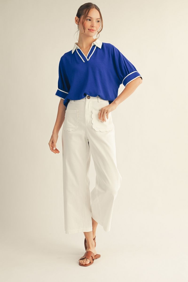 H50021 Scallop Pocket Detail Wide Leg Pants