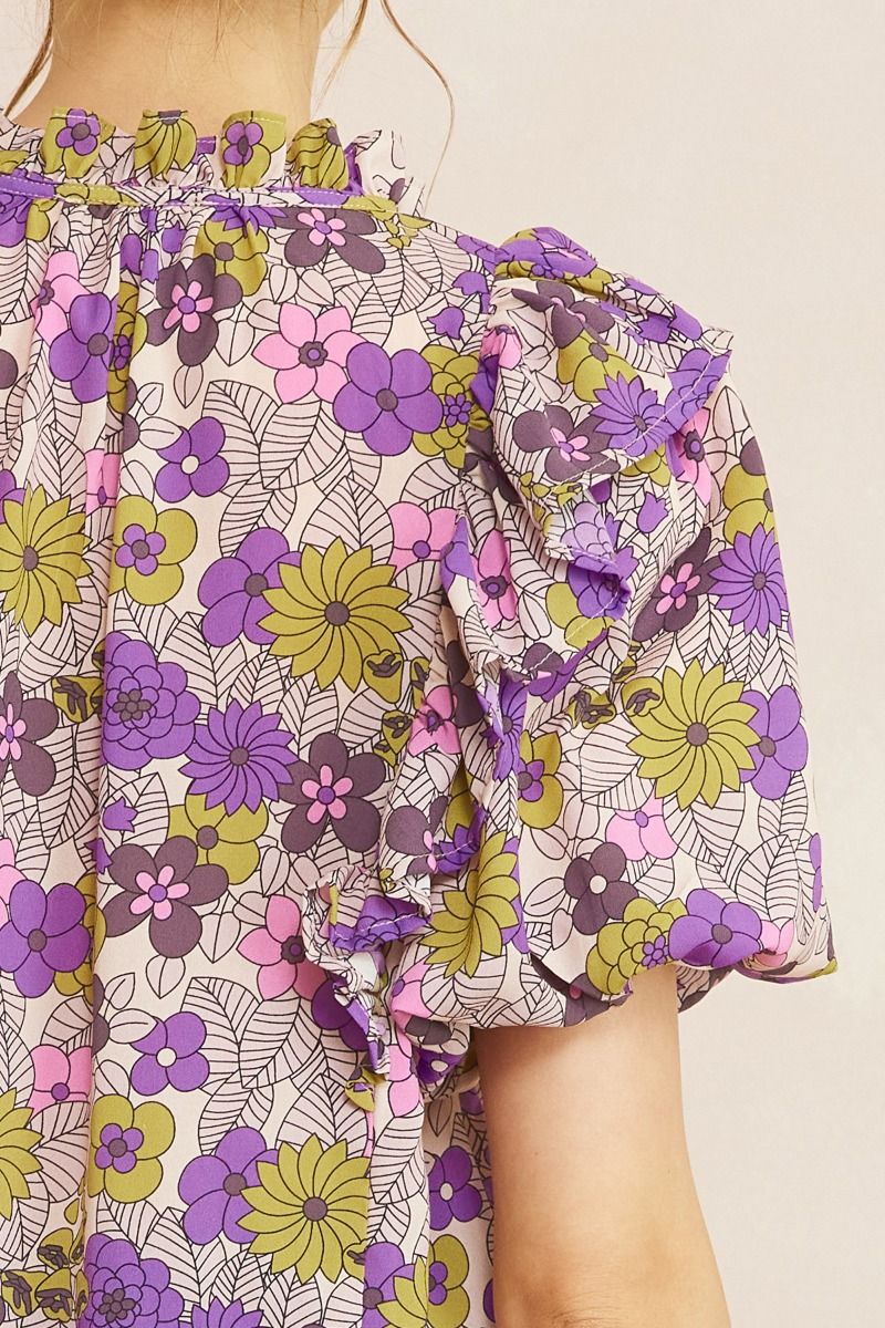 T21322 Floral Print V-Neck Top