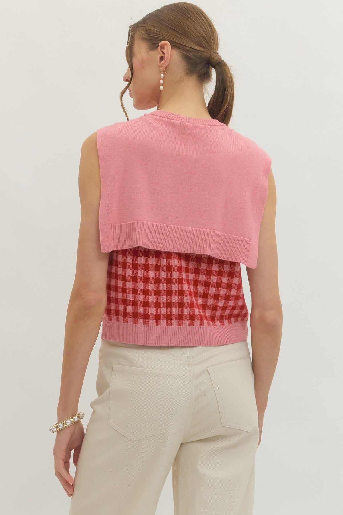 T30745 Sleeveless Check Top with Scarf Detail