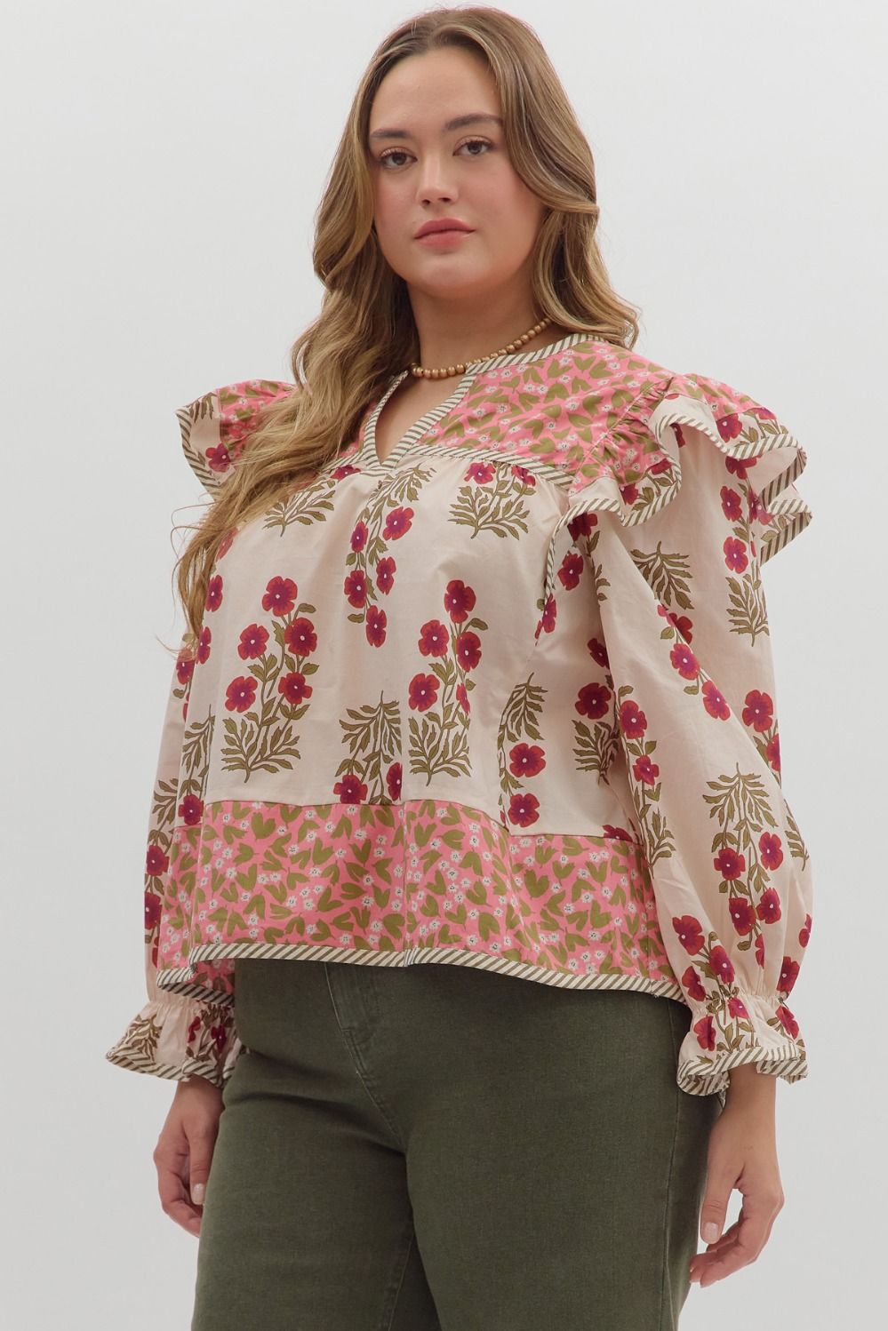 T28295P Curvy Multi-Print Long Sleeve Top