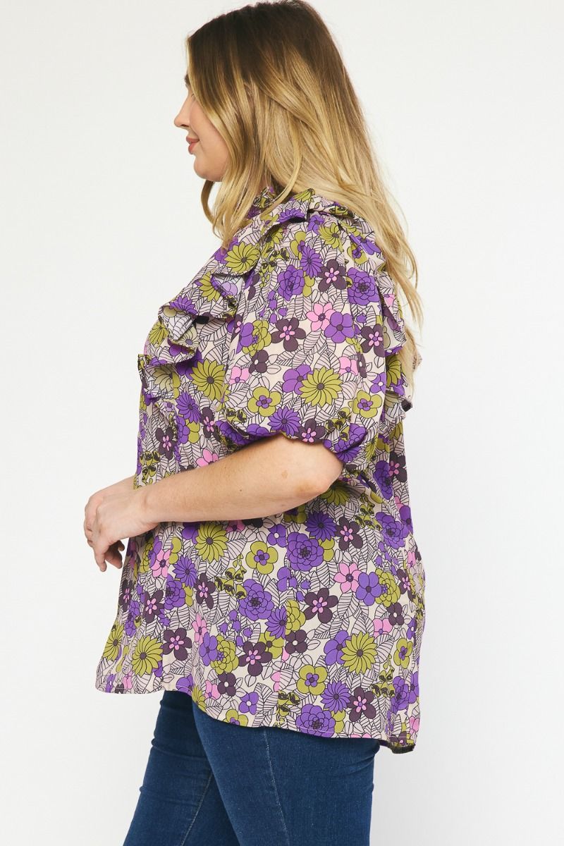 T21322P Curvy Floral Print V-Neck Top