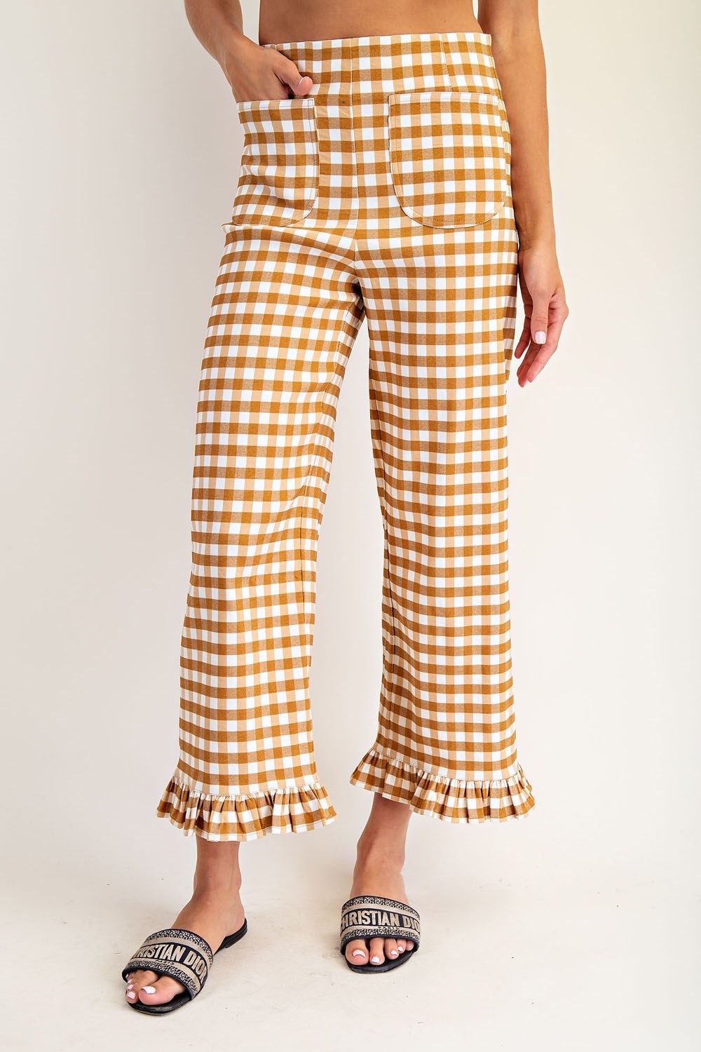 PK14573 Gingham Ruffle Trim Straight Leg Pants