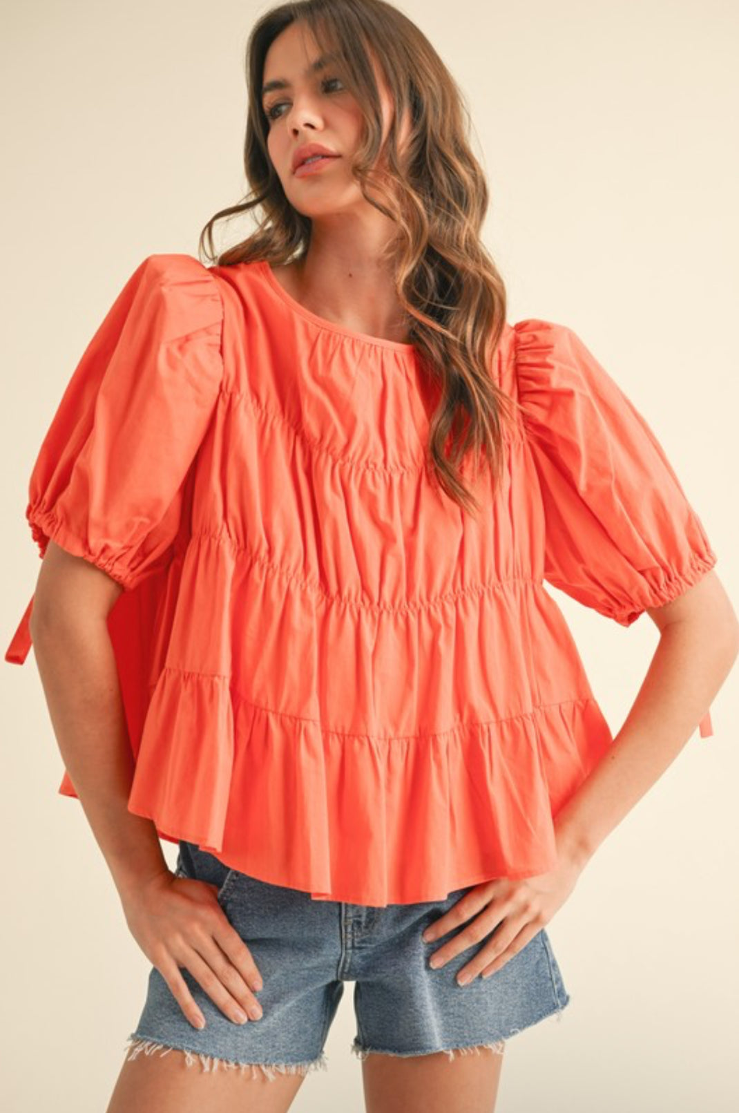 MTP3081 Tiered Shirring Puff Sleeve Top