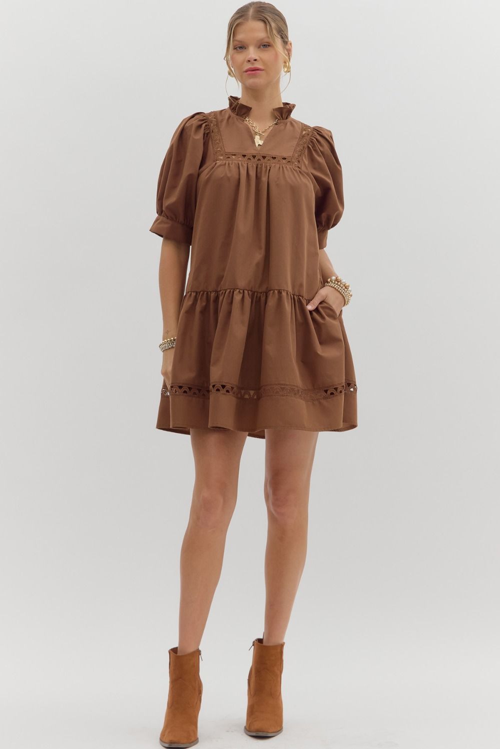 D27502 Solid Ruffle Hem Mini Dress