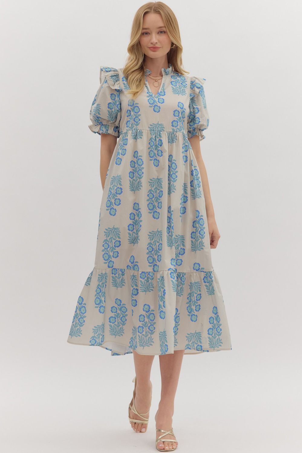 D28289 Floral Print Short Sleeve Midi Dress