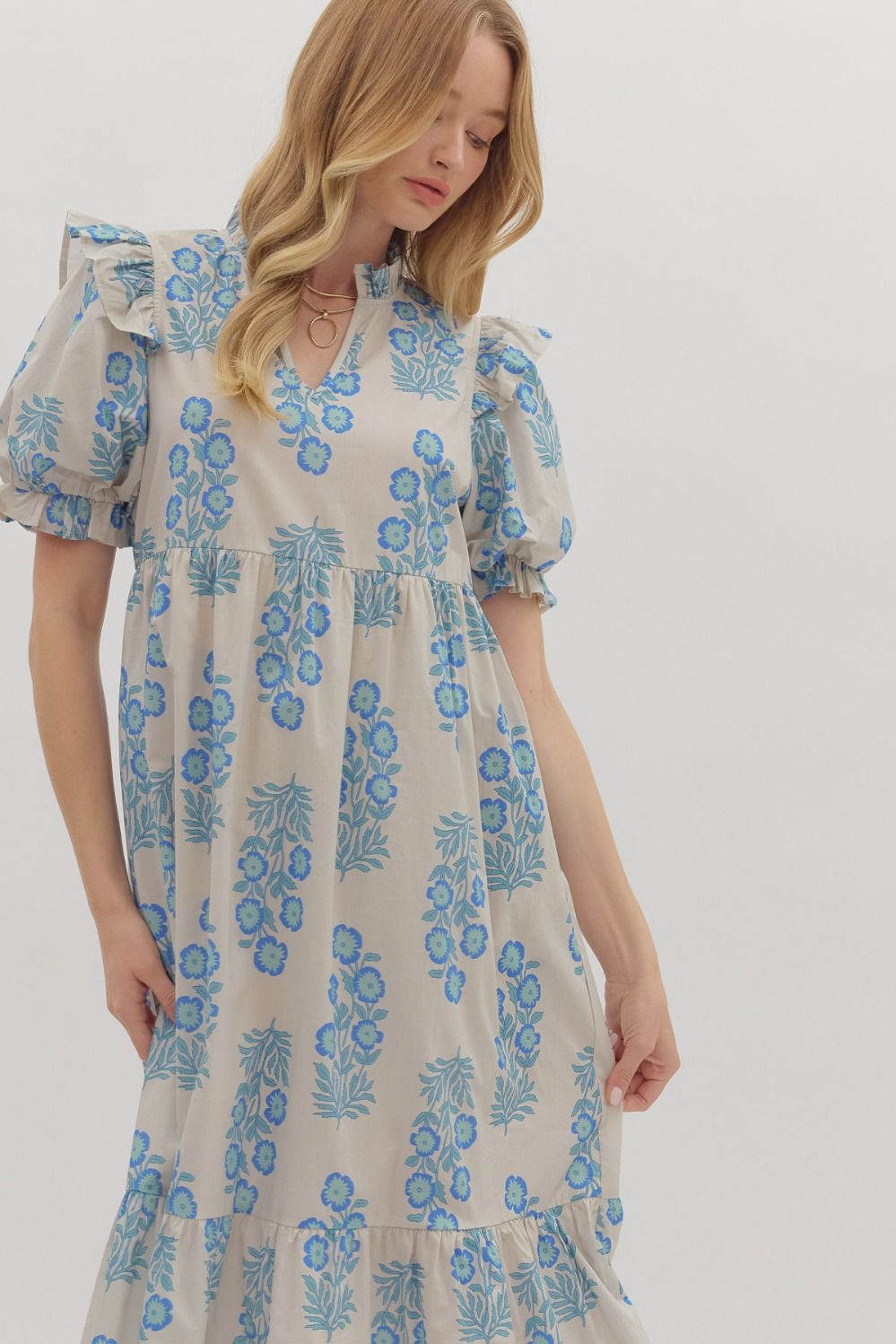 D28289 Floral Print Short Sleeve Midi Dress