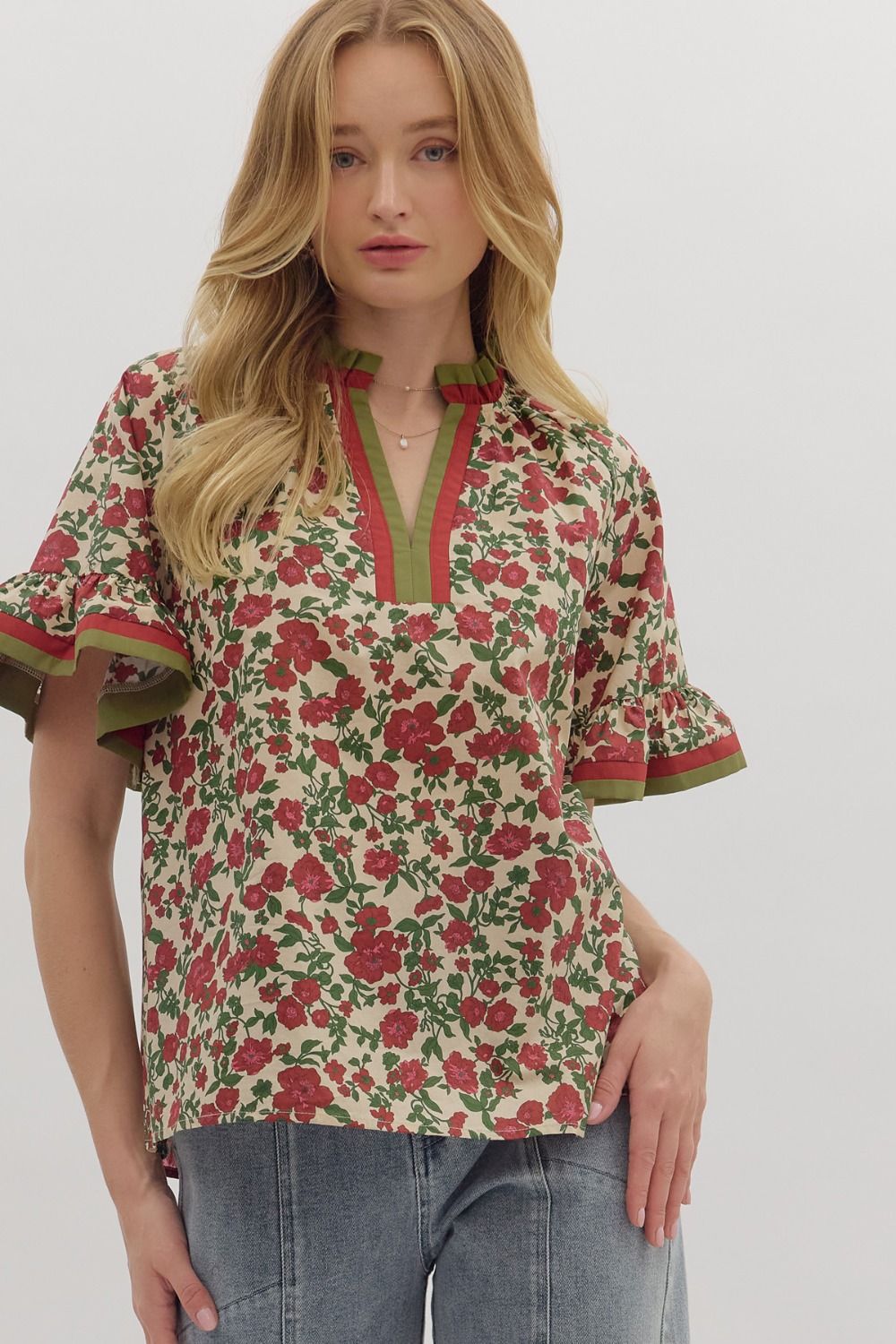 T28016 Floral Print Short Ruffle Sleeve Top