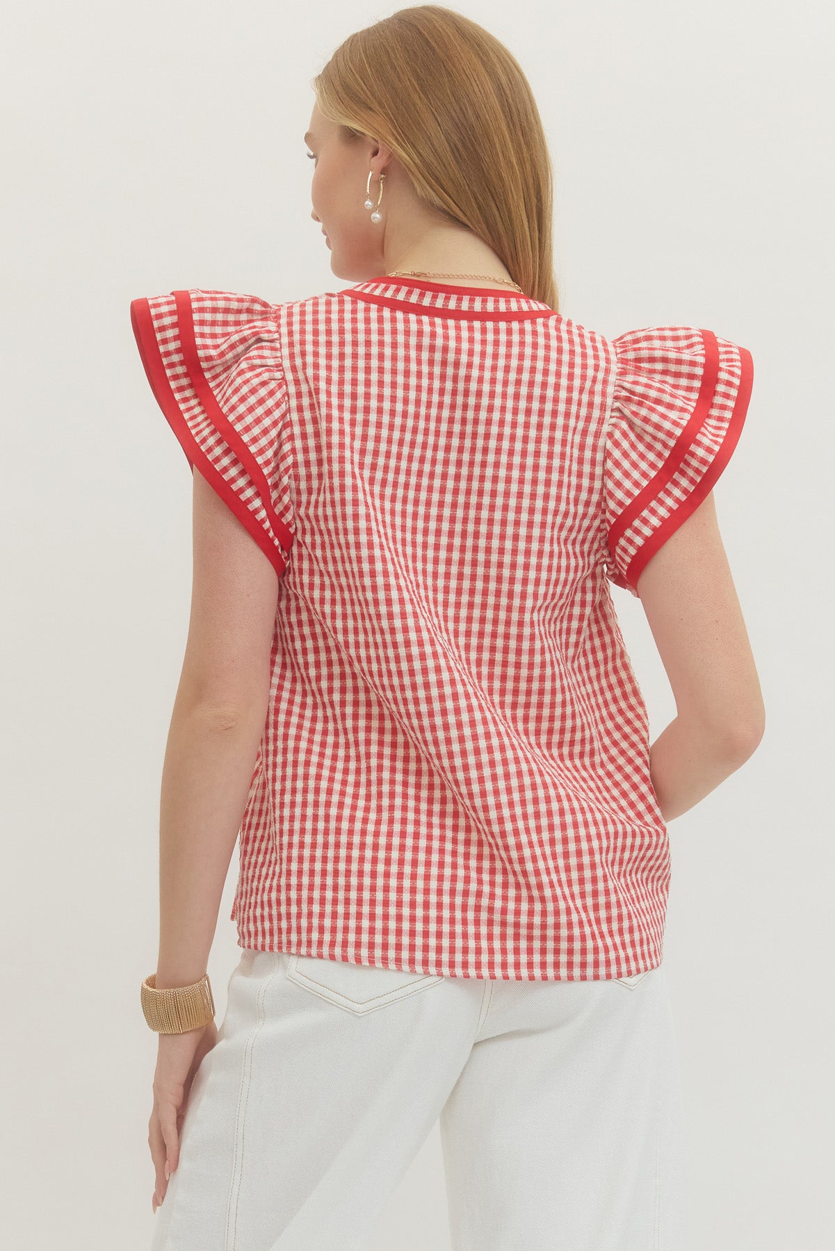 T29000 Gingham Flutter Sleeve Top