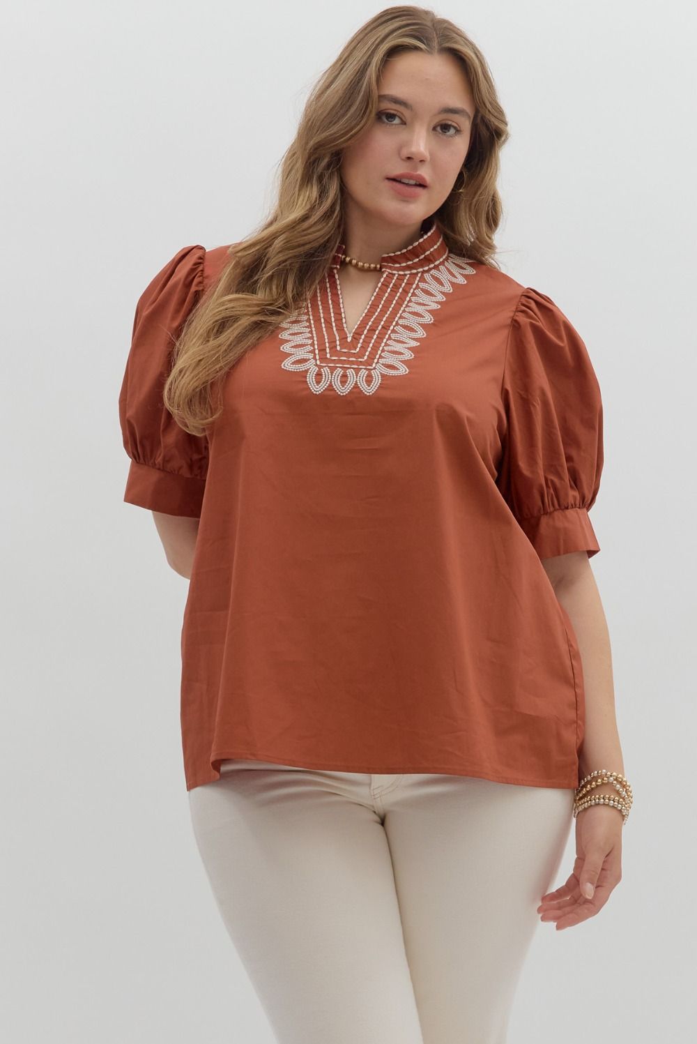 T27464P Curvy Solid Puff Sleeve Top