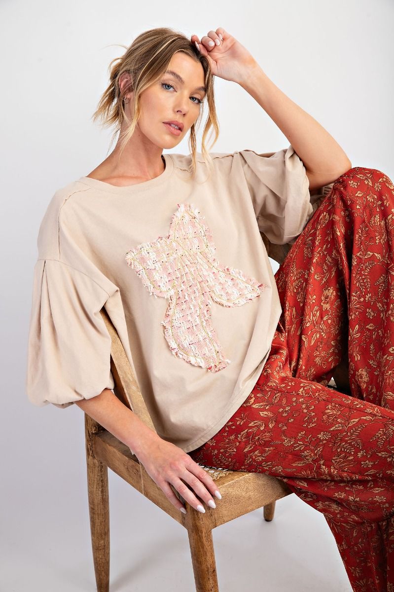 ET25243 Tweed Ribbon Patch Top