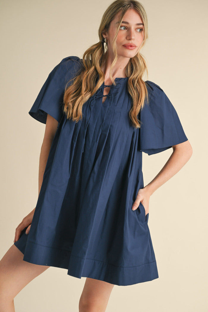 MDR3704 Pleated Short Sleeve Mini Dress