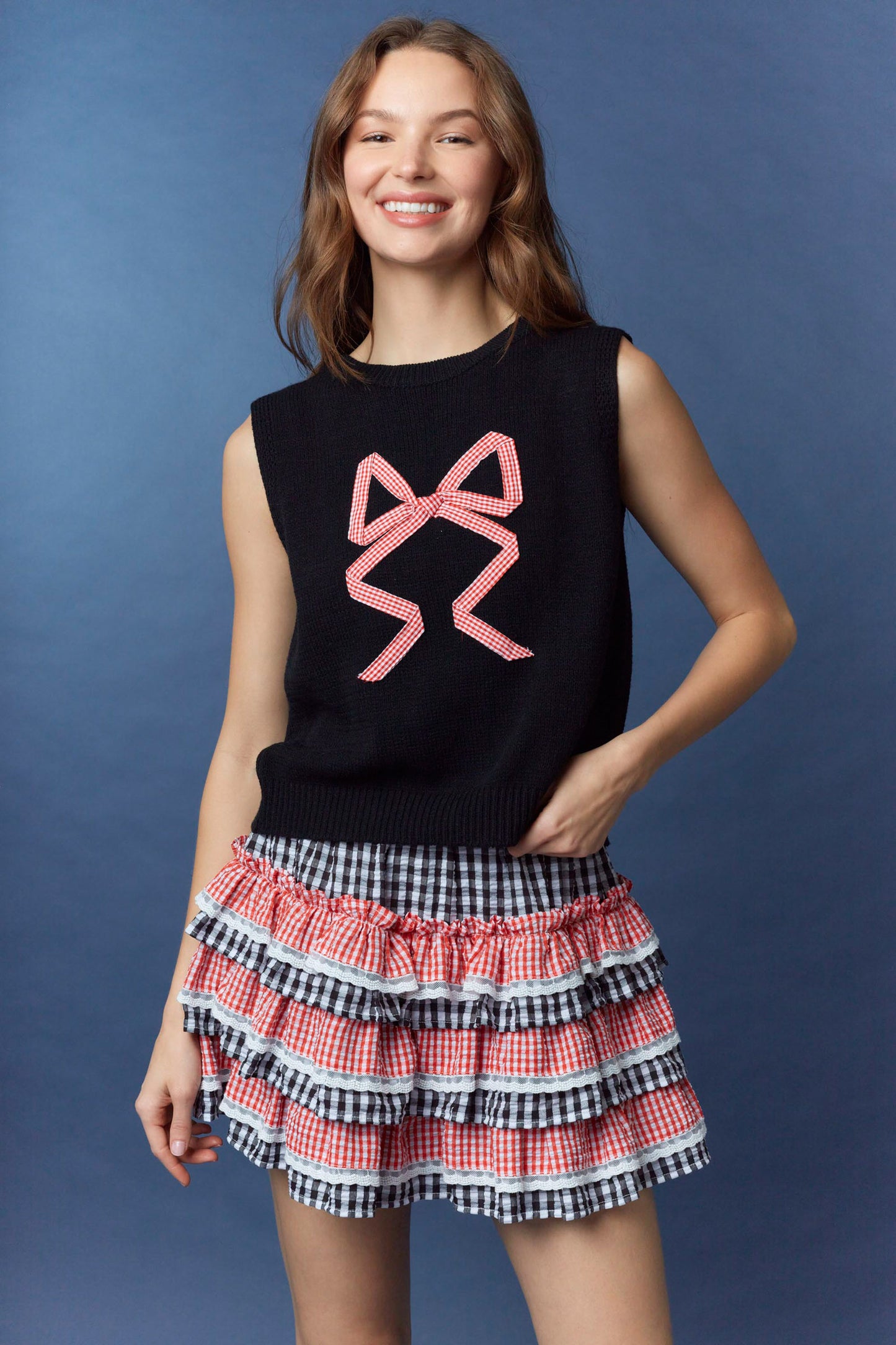IKT300185-01 Gingham Bow Detail Sweater Vest