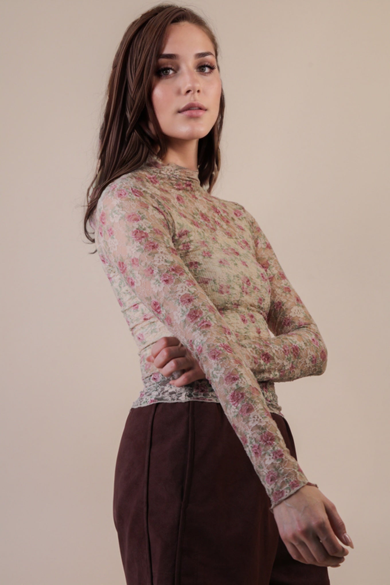 NT12220 Fitted Sheer Mesh Lace Top