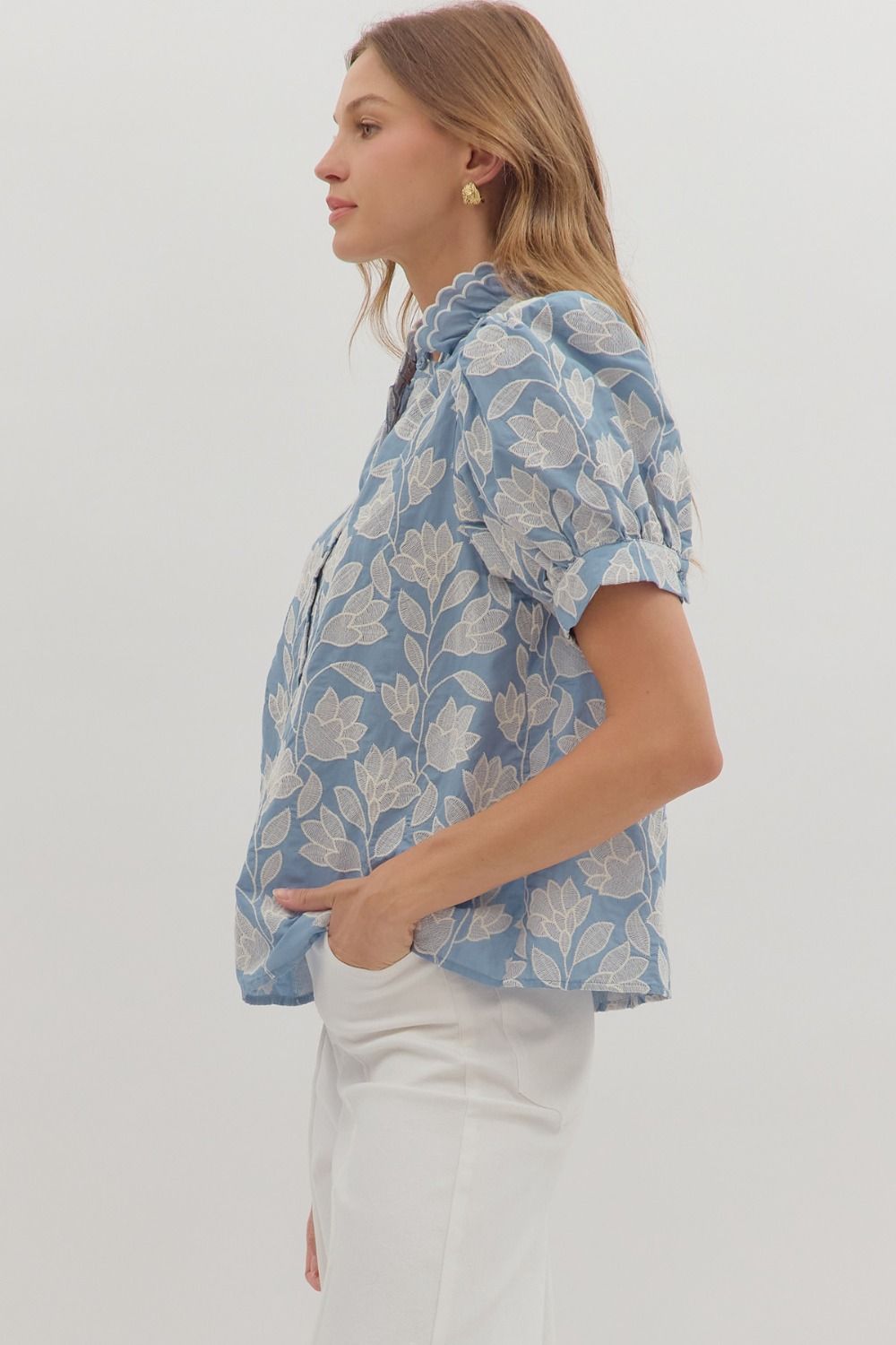 T28158 Botanical Embroidery Puff Sleeve Top