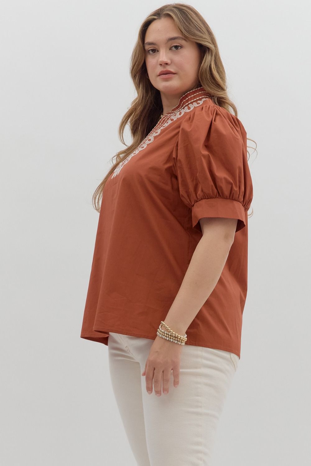 T27464P Curvy Solid Puff Sleeve Top