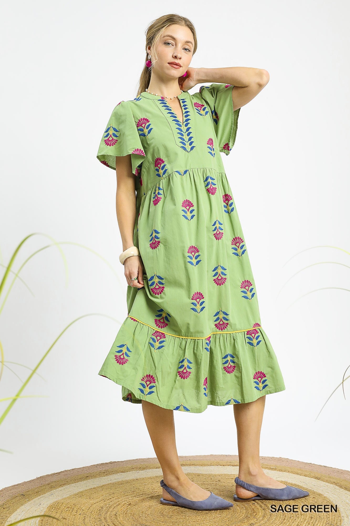 K0261 Embroidered Tiered Midi Dress