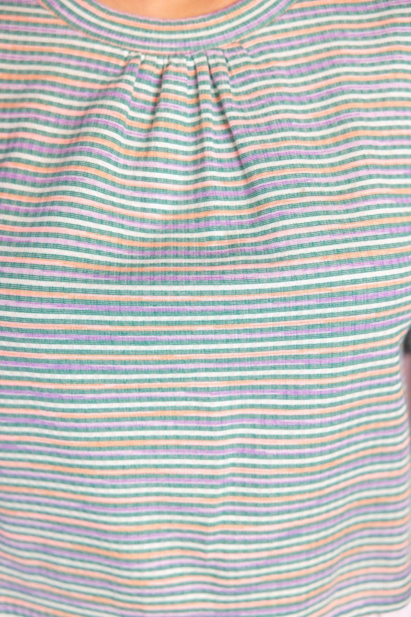 36497 Back Bow Ruffled Hem Striped Top